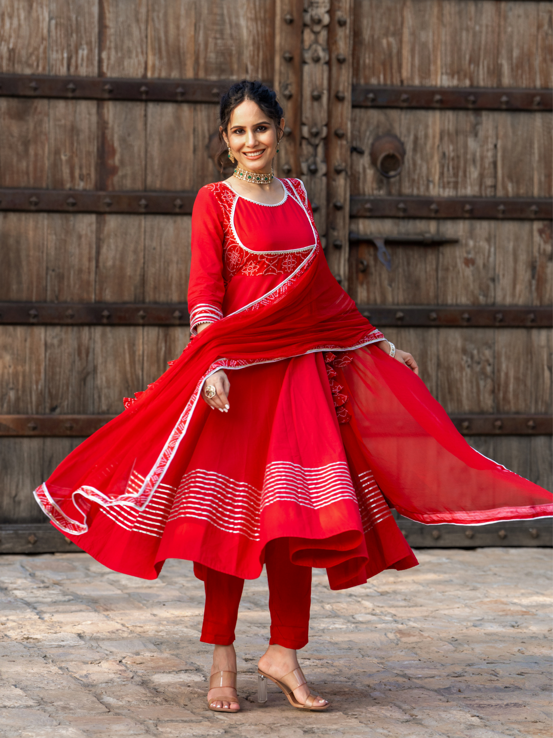 red anarkali dress RADIANT RED BANDHANI ANARKALI SET – GAYRAA