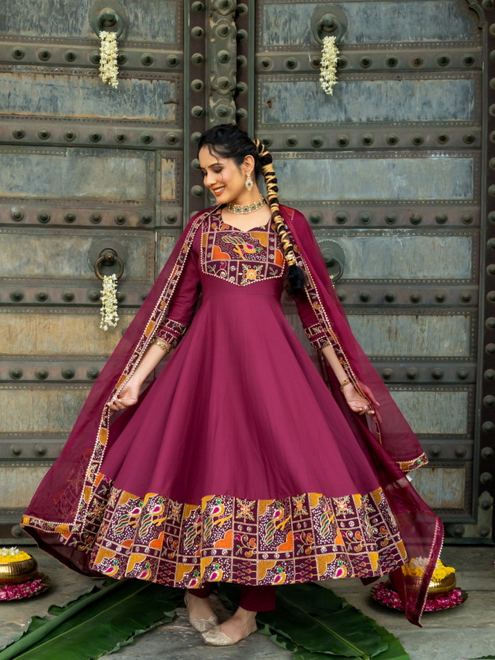 LUXE WINE EMBROIDERED ANARKALI SUIT SET