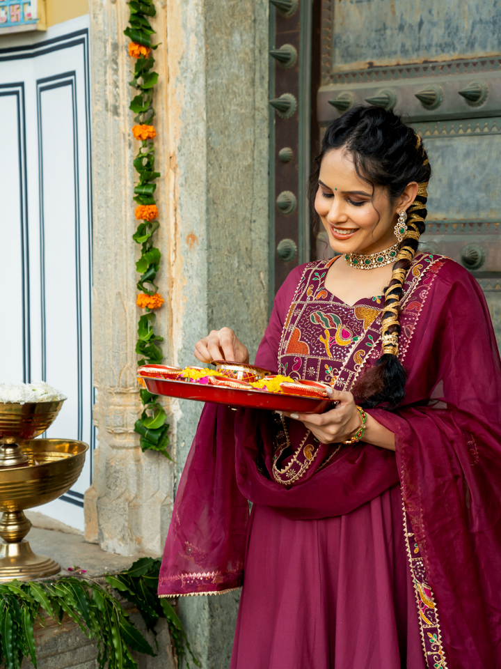 LUXE WINE EMBROIDERED ANARKALI SUIT SET