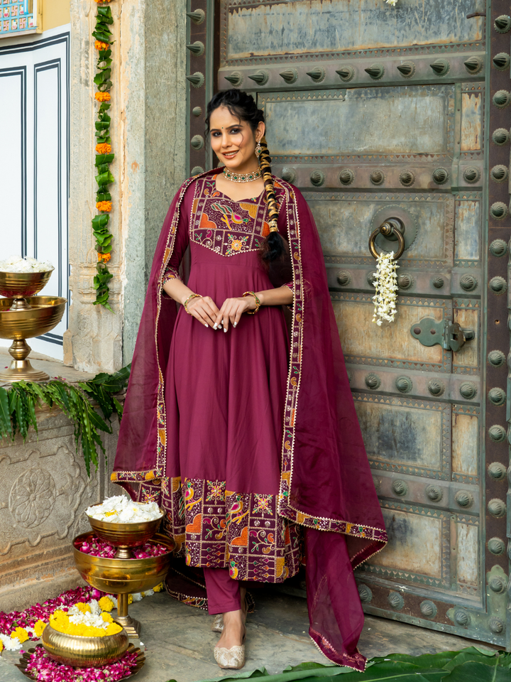 LUXE WINE EMBROIDERED ANARKALI SUIT SET