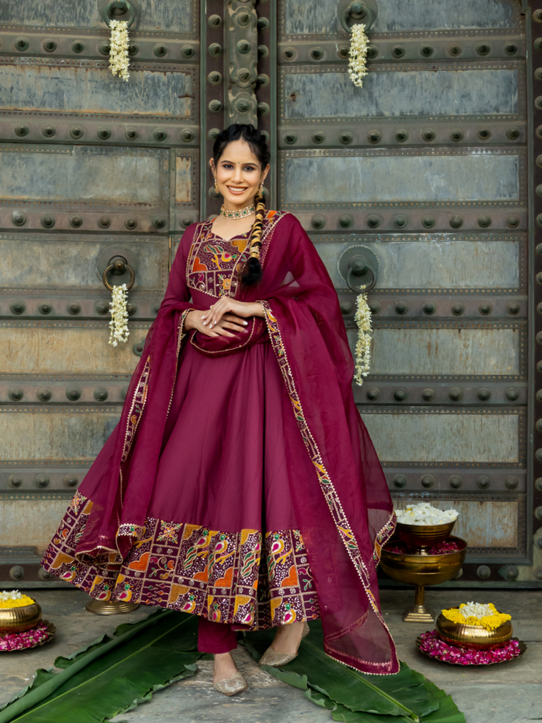 LUXE WINE EMBROIDERED ANARKALI SUIT SET