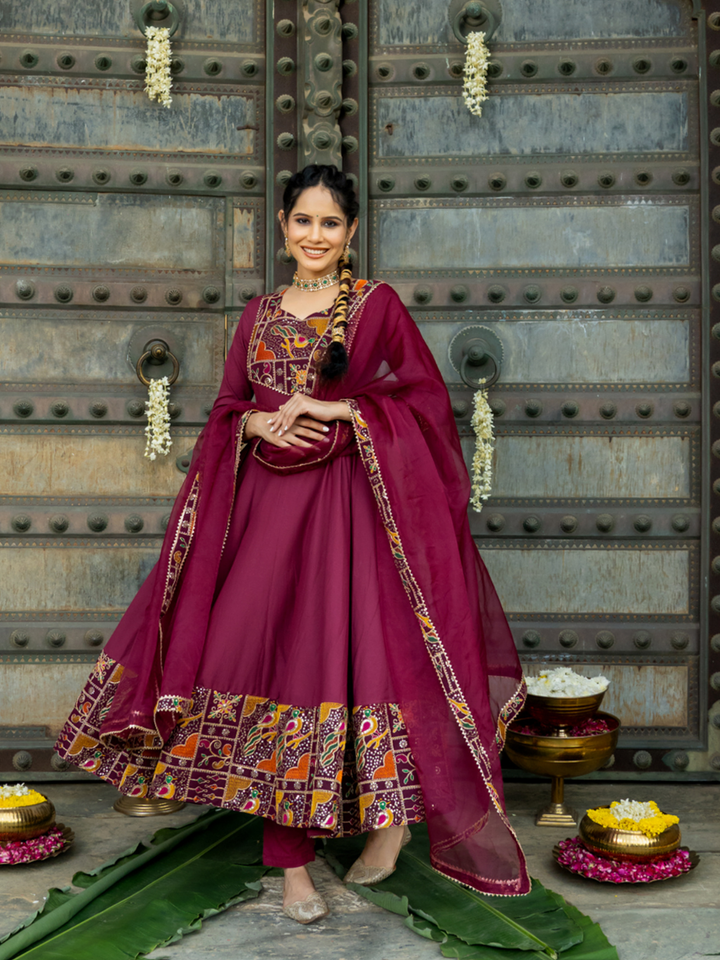 LUXE WINE EMBROIDERED ANARKALI SUIT SET