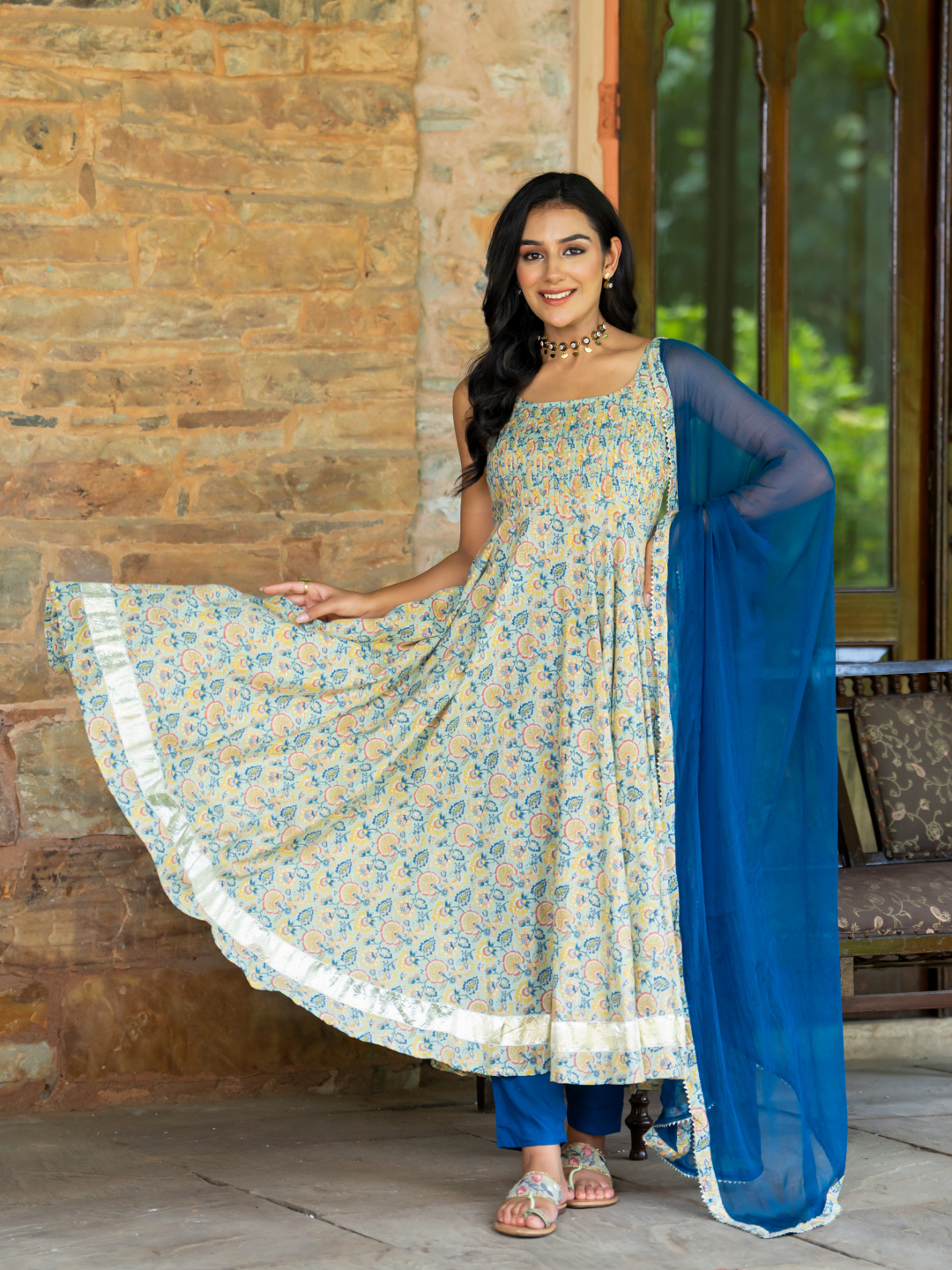 TEAL BLOOM ANARKALI SUIT SET