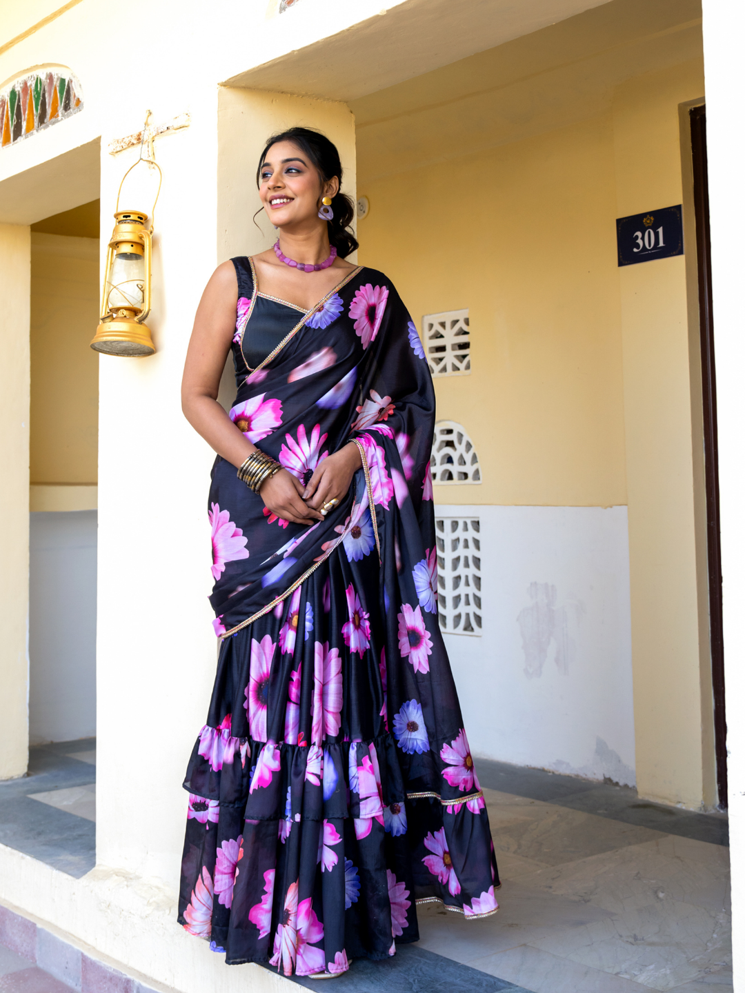 MIDNIGHT BLOOM CHINON PRE-DRAPED SAREE