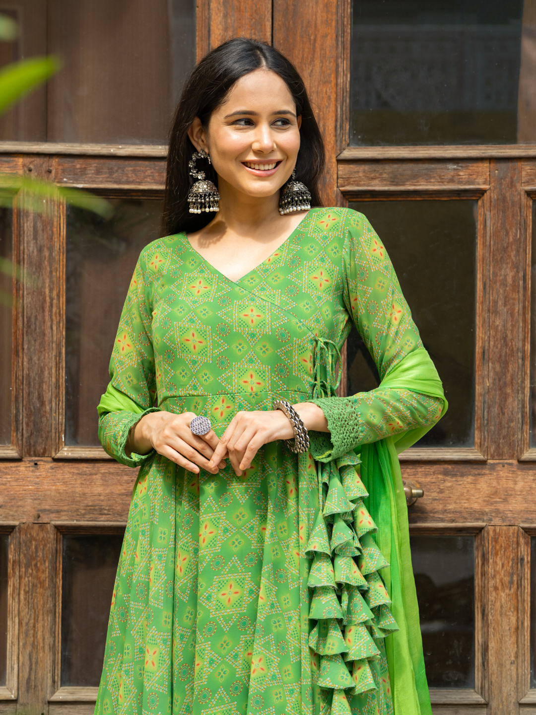 GREEN GEORGETTE BANDHEJ SUIT SET