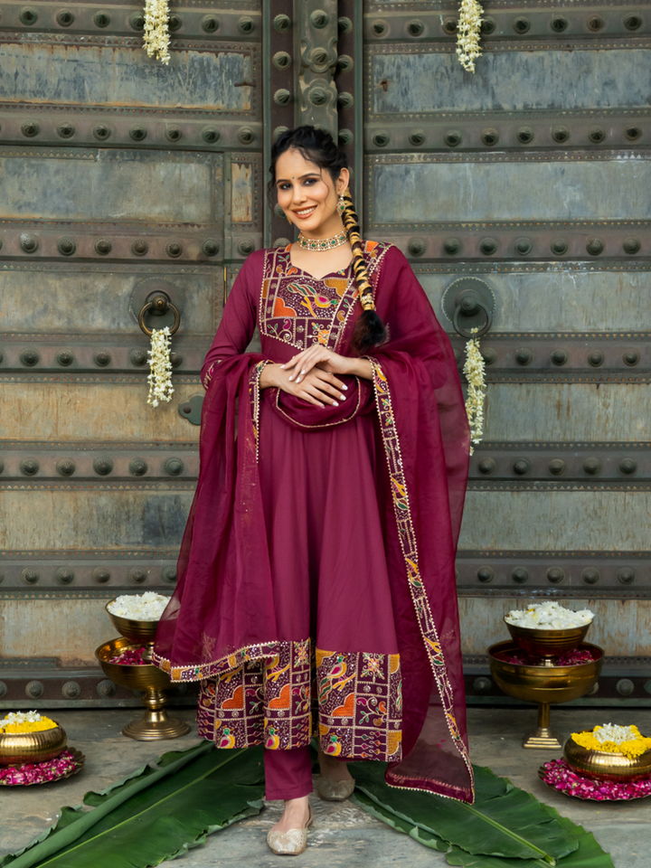 LUXE WINE EMBROIDERED ANARKALI SUIT SET