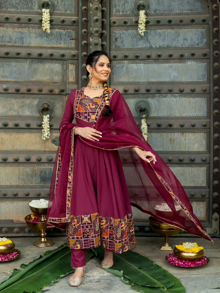 LUXE WINE EMBROIDERED ANARKALI SUIT SET