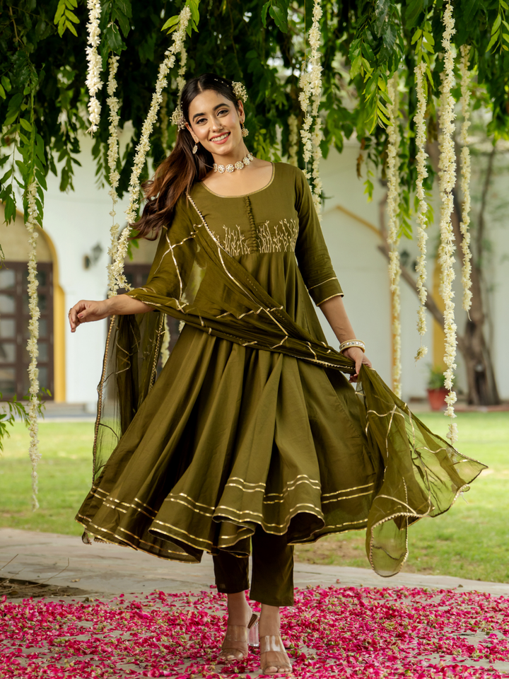 OLIVE ZARI ELEGANCE ANARKALI SET