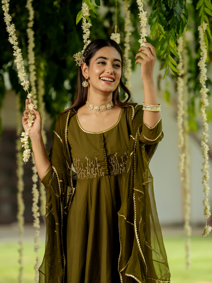 OLIVE ZARI ELEGANCE ANARKALI SET