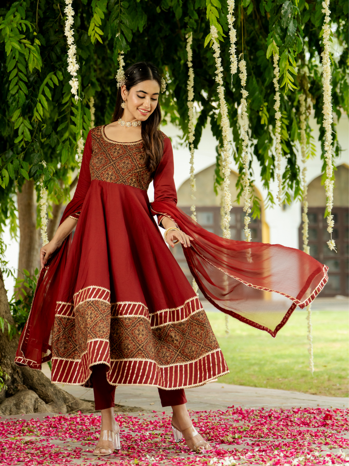 MAJESTIC MAROON HANDBLOCK SUIT SET