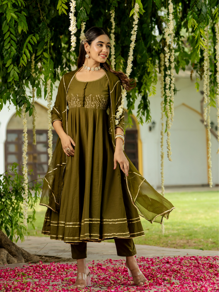 OLIVE ZARI ELEGANCE ANARKALI SET