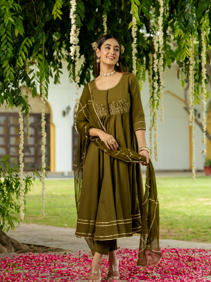 OLIVE ZARI ELEGANCE ANARKALI SET