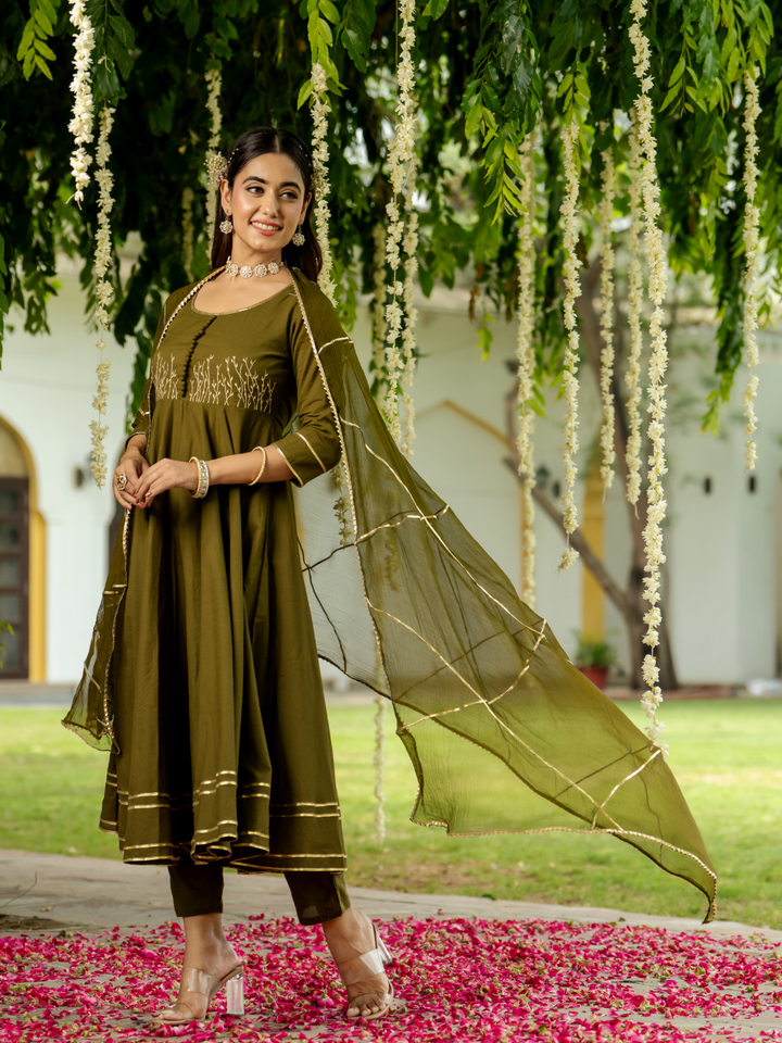 OLIVE ZARI ELEGANCE ANARKALI SET