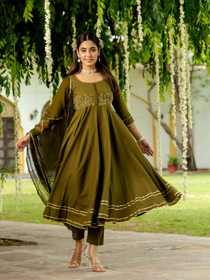 OLIVE ZARI ELEGANCE ANARKALI SET
