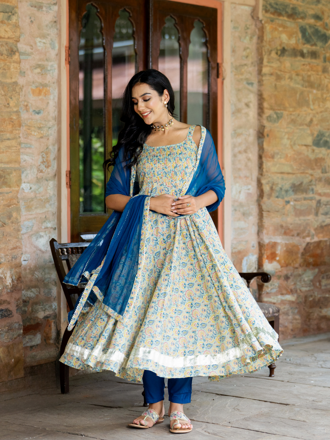 TEAL BLOOM ANARKALI SUIT SET