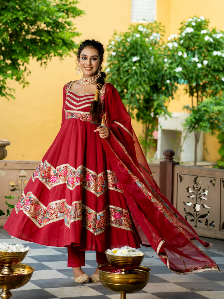 LUXE MAROON EMBROIDERED ANARKALI SUIT SET