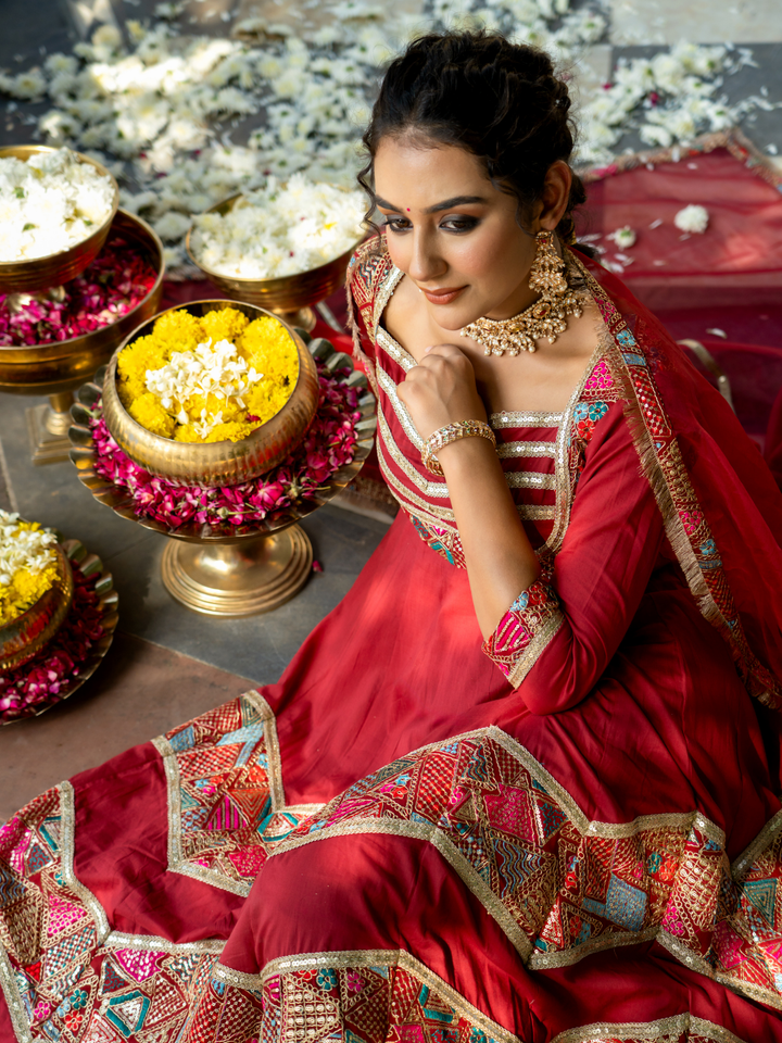 LUXE MAROON EMBROIDERED ANARKALI SUIT SET