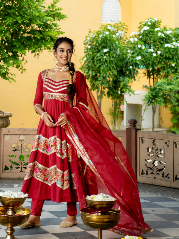 LUXE MAROON EMBROIDERED ANARKALI SUIT SET