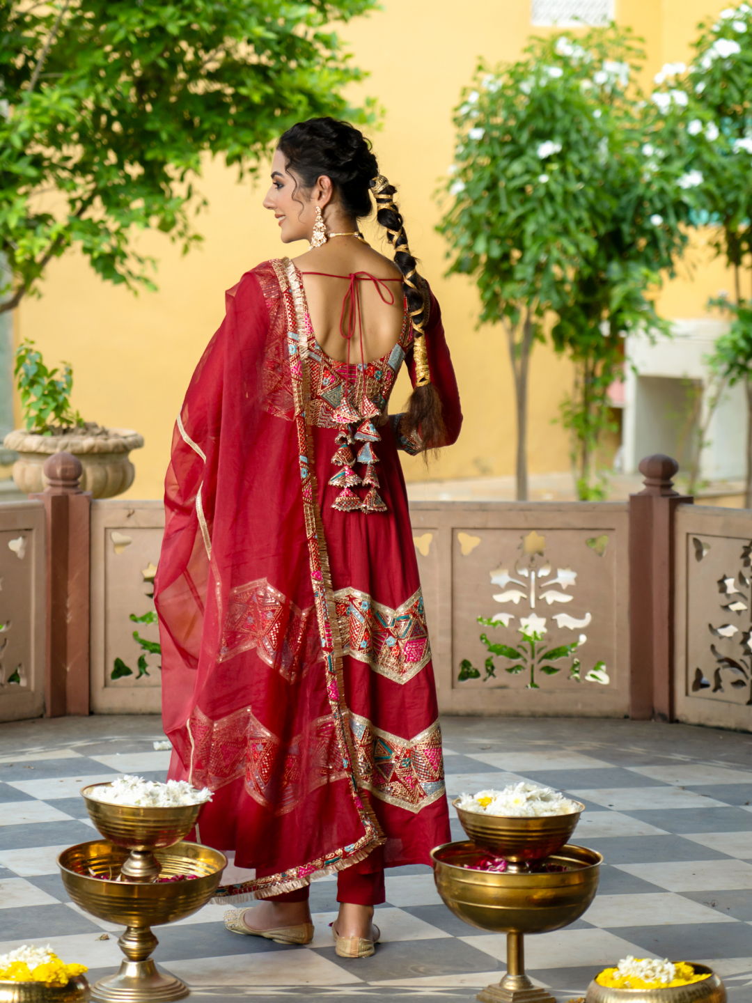 LUXE MAROON EMBROIDERED ANARKALI SUIT SET