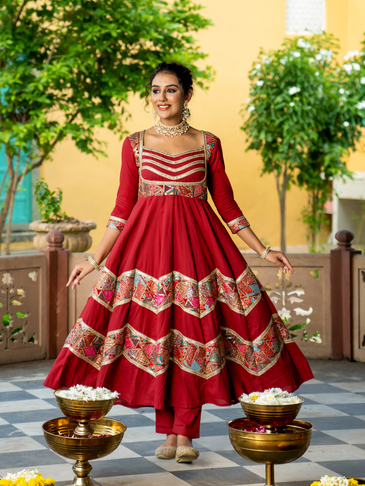 LUXE MAROON EMBROIDERED ANARKALI SUIT SET
