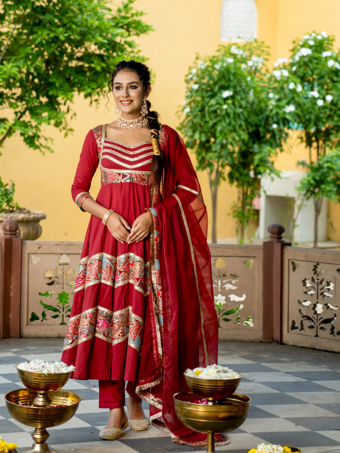 LUXE MAROON EMBROIDERED ANARKALI SUIT SET