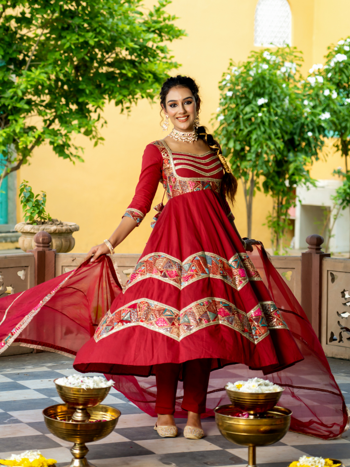 LUXE MAROON EMBROIDERED ANARKALI SUIT SET