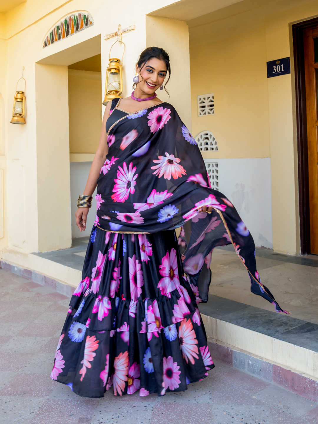 MIDNIGHT BLOOM CHINON PRE-DRAPED SAREE