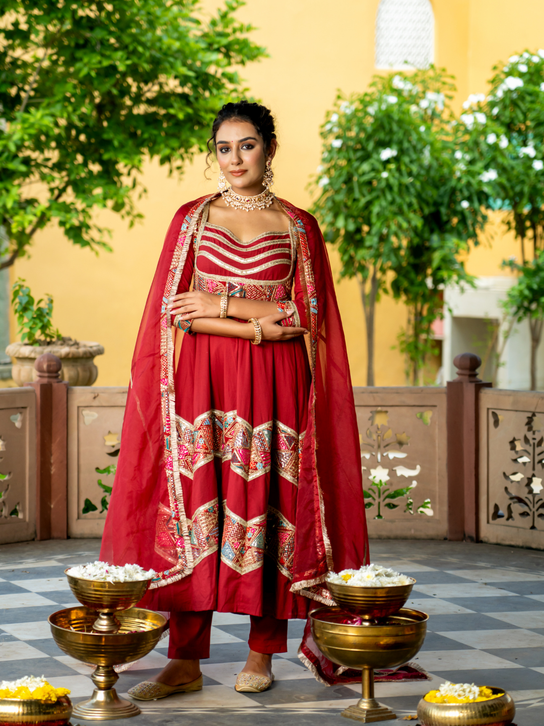 LUXE MAROON EMBROIDERED ANARKALI SUIT SET