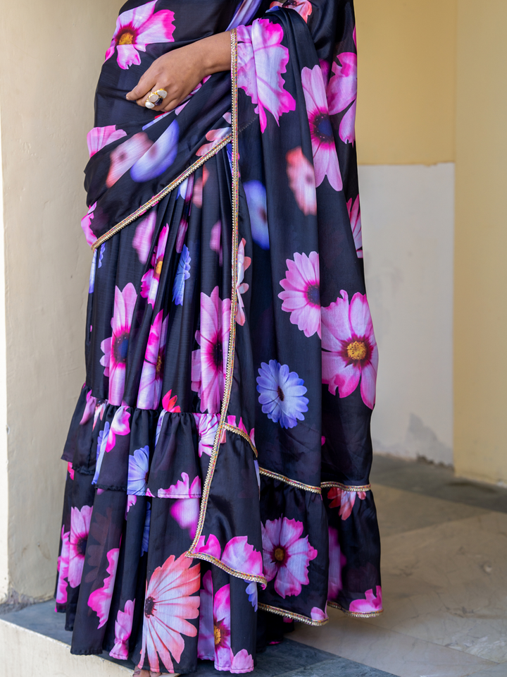 MIDNIGHT BLOOM CHINON PRE-DRAPED SAREE