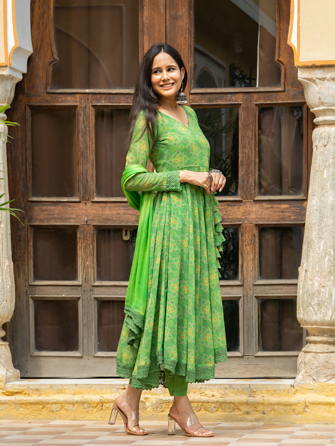 GREEN GEORGETTE BANDHEJ SUIT SET