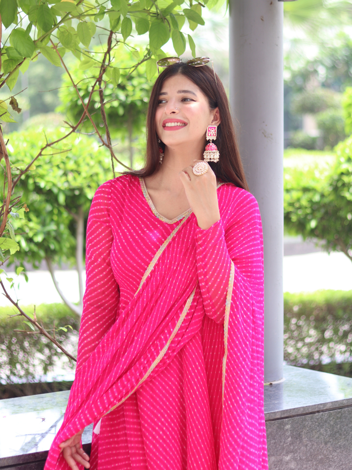 PINK GEORGETTE LEHERIYA SUIT SET