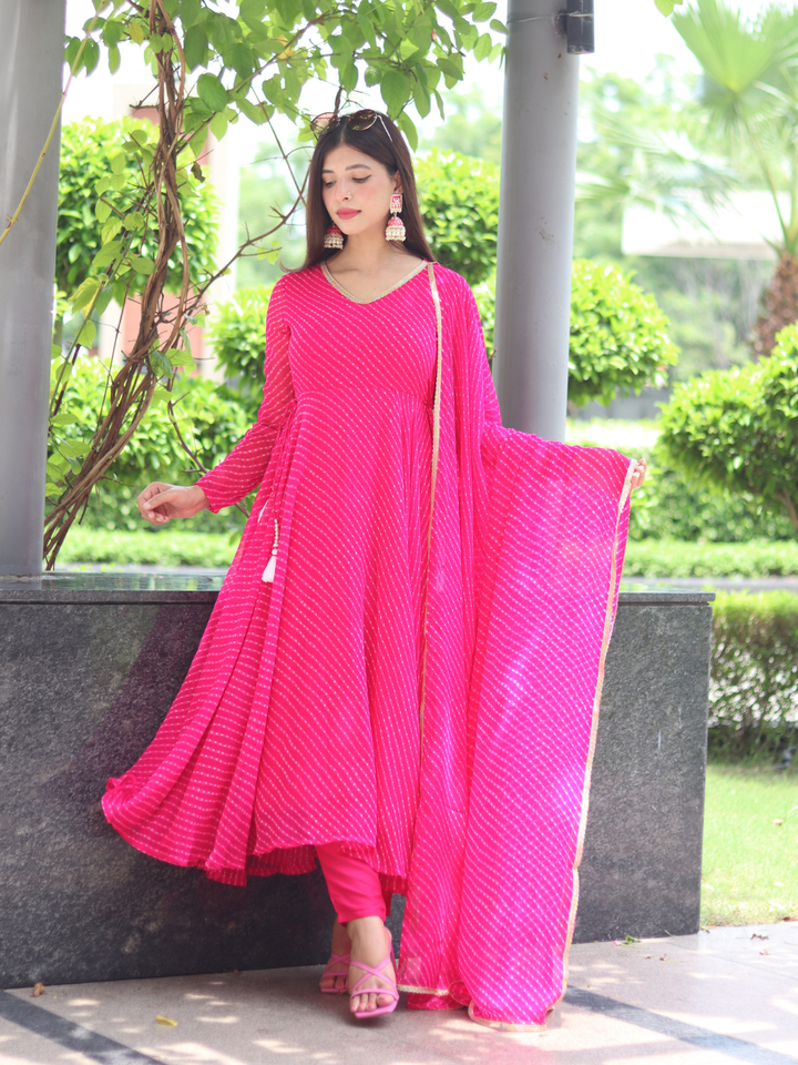 PINK GEORGETTE LEHERIYA SUIT SET