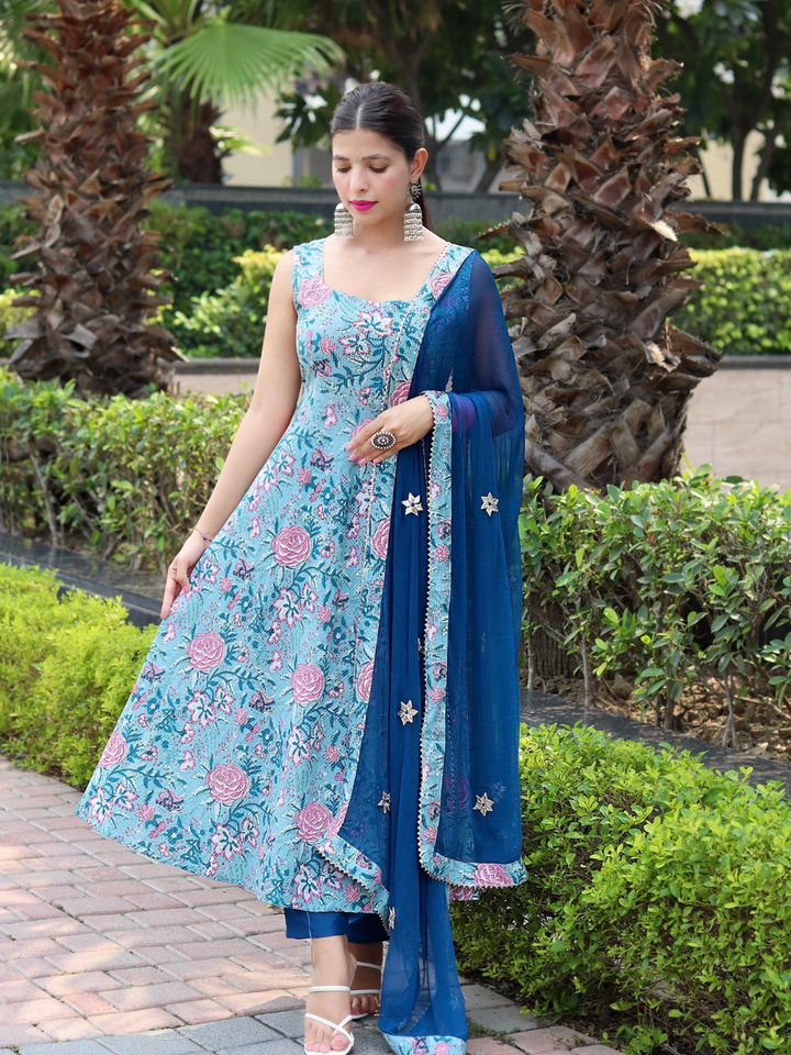 COTTON KANTHA FLORAL JAAL SUIT SET