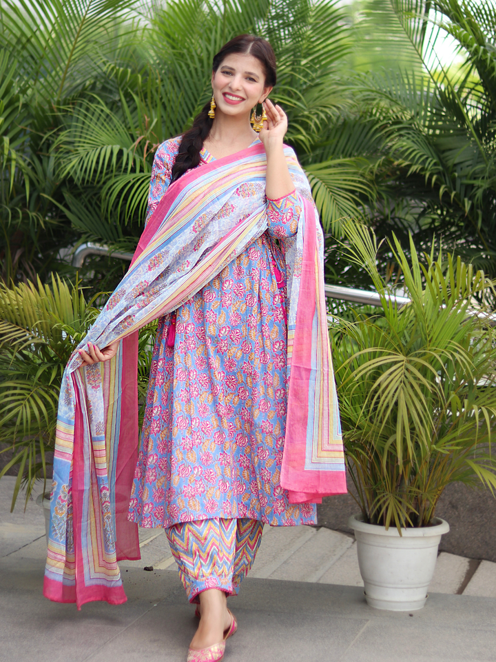 PINK COTTON ANARKALI SUIT SET