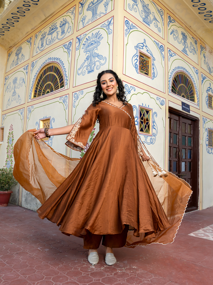 LUXE BROWN CHANDERI EMBROIDERY SUIT SET