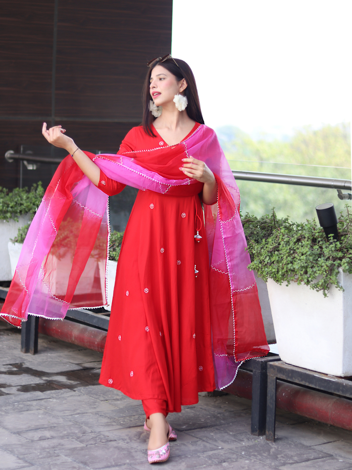RED EMBROIDERED HANDWORKED SUIT SET