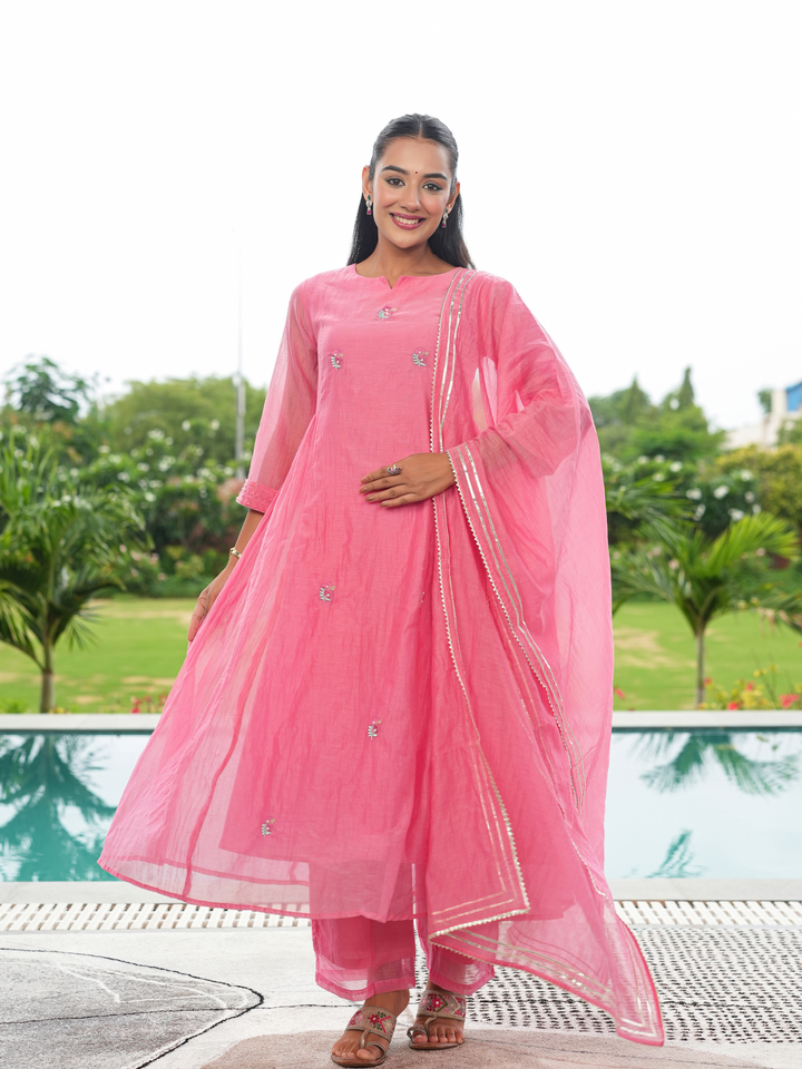 CORAL PEACH MUL CHANDERI KURTA SET