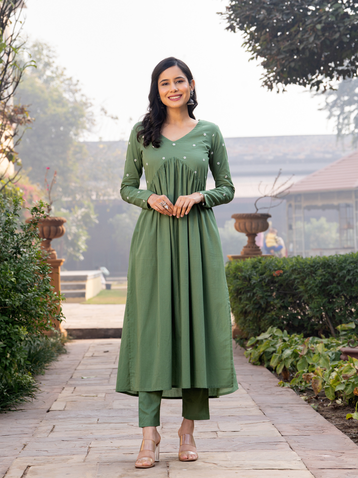 OLIVE EMBROIDERY KURTA SET