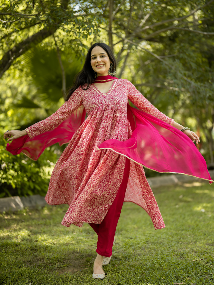 PINK COTTON FLARED KURTA SET