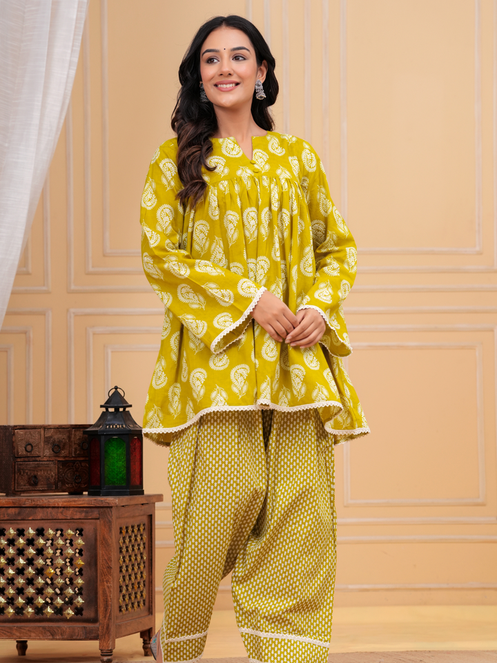 GREEN PRINTED ANARKALI FARSI SET
