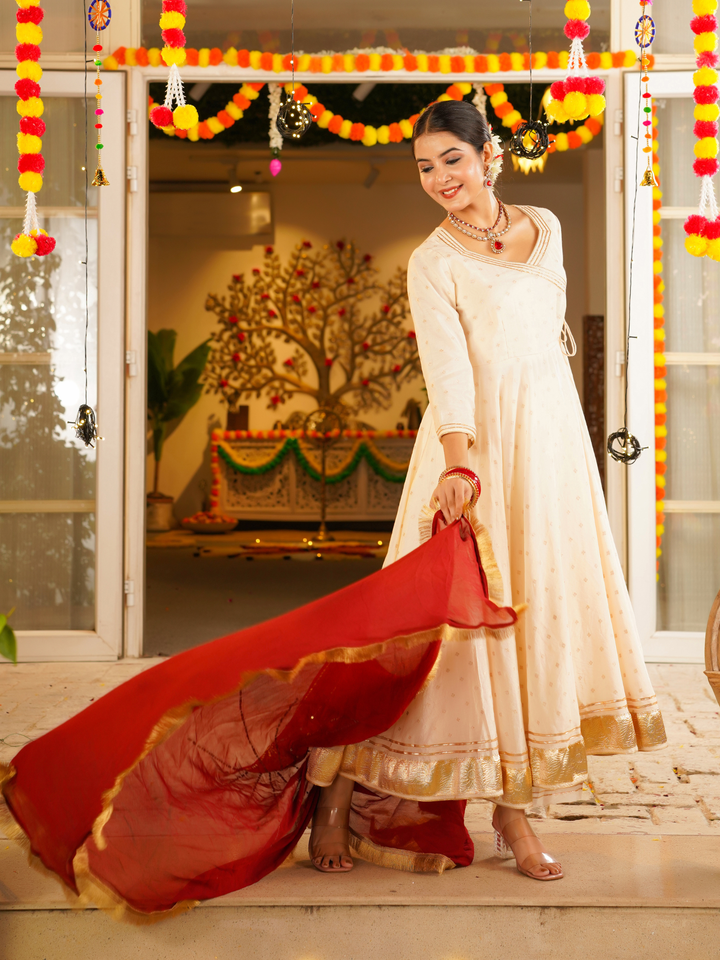 GLOWRA CREAM CHANDERI ANARKALI SET