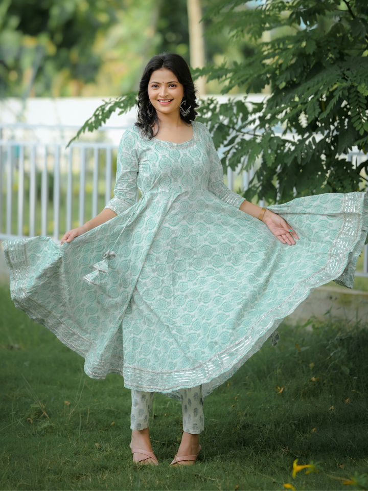 GREEN PRINTED GOTA SUIT SET
