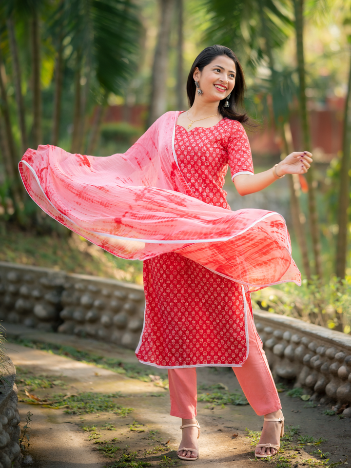 RED COTTON KANTHA KURTA SET