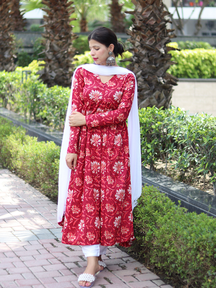 RED COTTON FLORAL SUIT SET