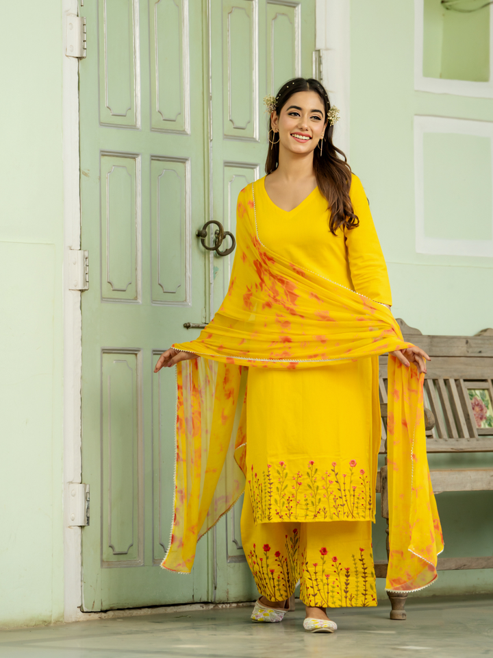 BRIGHT MUSTARD EMBROIDERY PALAZZO SET