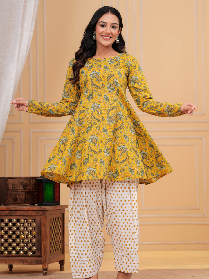 MUSTARD FLORAL ANARKALI FARSI SET