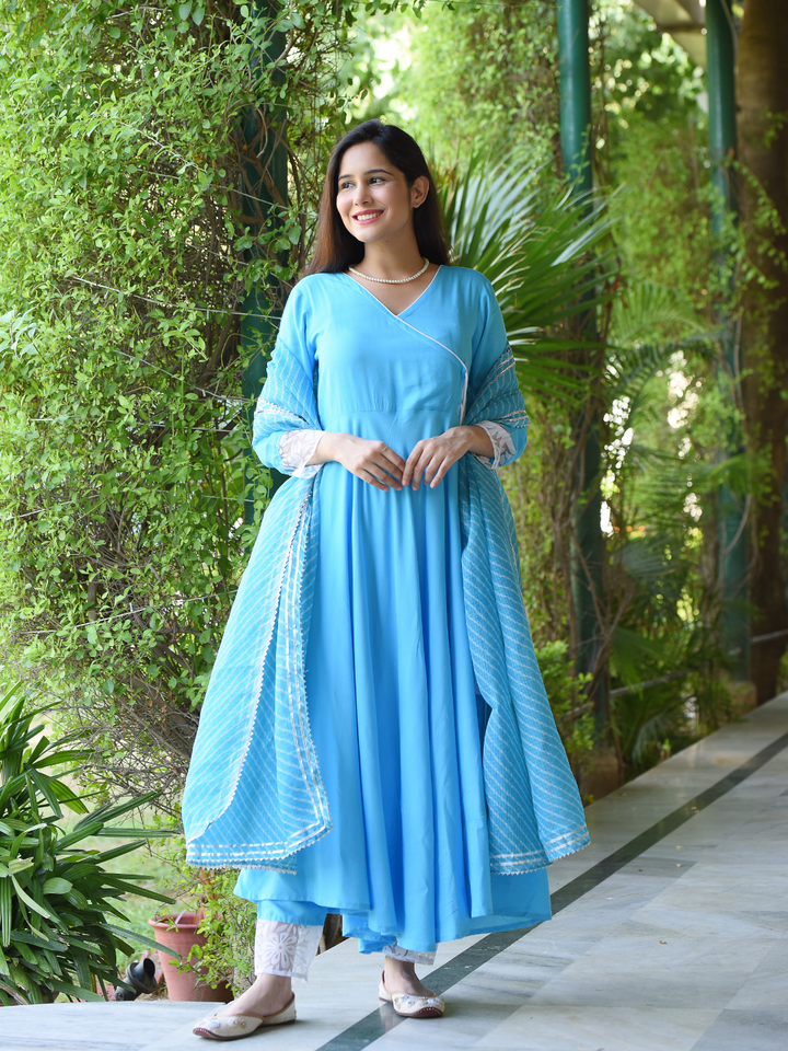 AQUA BLUE KOTA DORIYA ANGRAKHA SET