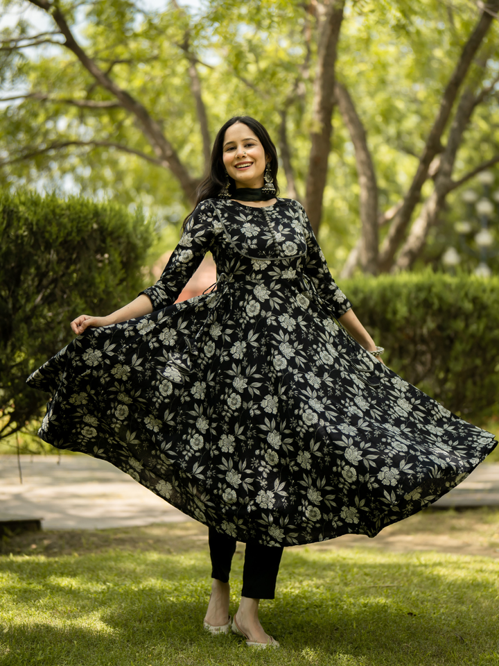 BLACK COTTON FLORAL SUIT SET