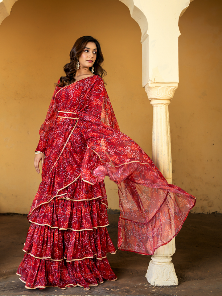 CRIMSON CHIFFON PRE-DRAPED SAREE
