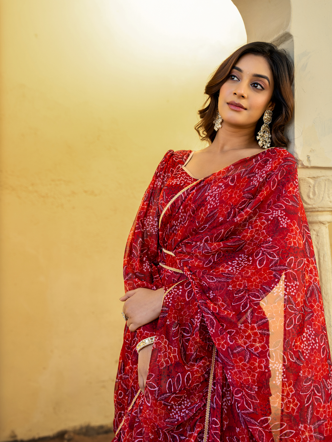 CRIMSON CHIFFON PRE-DRAPED SAREE